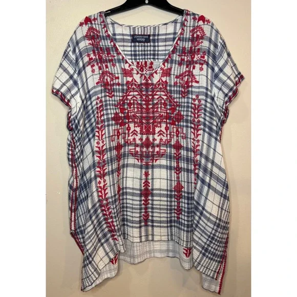 Johnny Was Workshop Misha Drape Plaid Embroidered Tunic Top Blue Red XL - Picture 2 of 9